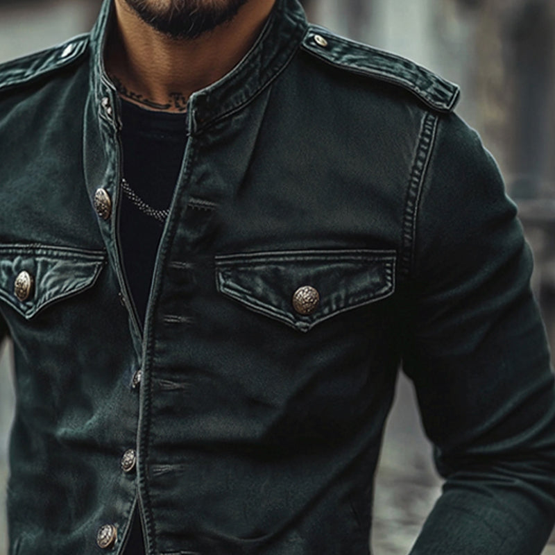 【24-uurs verzending】Heren Vintage Jeansjack met Staande Kraag 75697045X