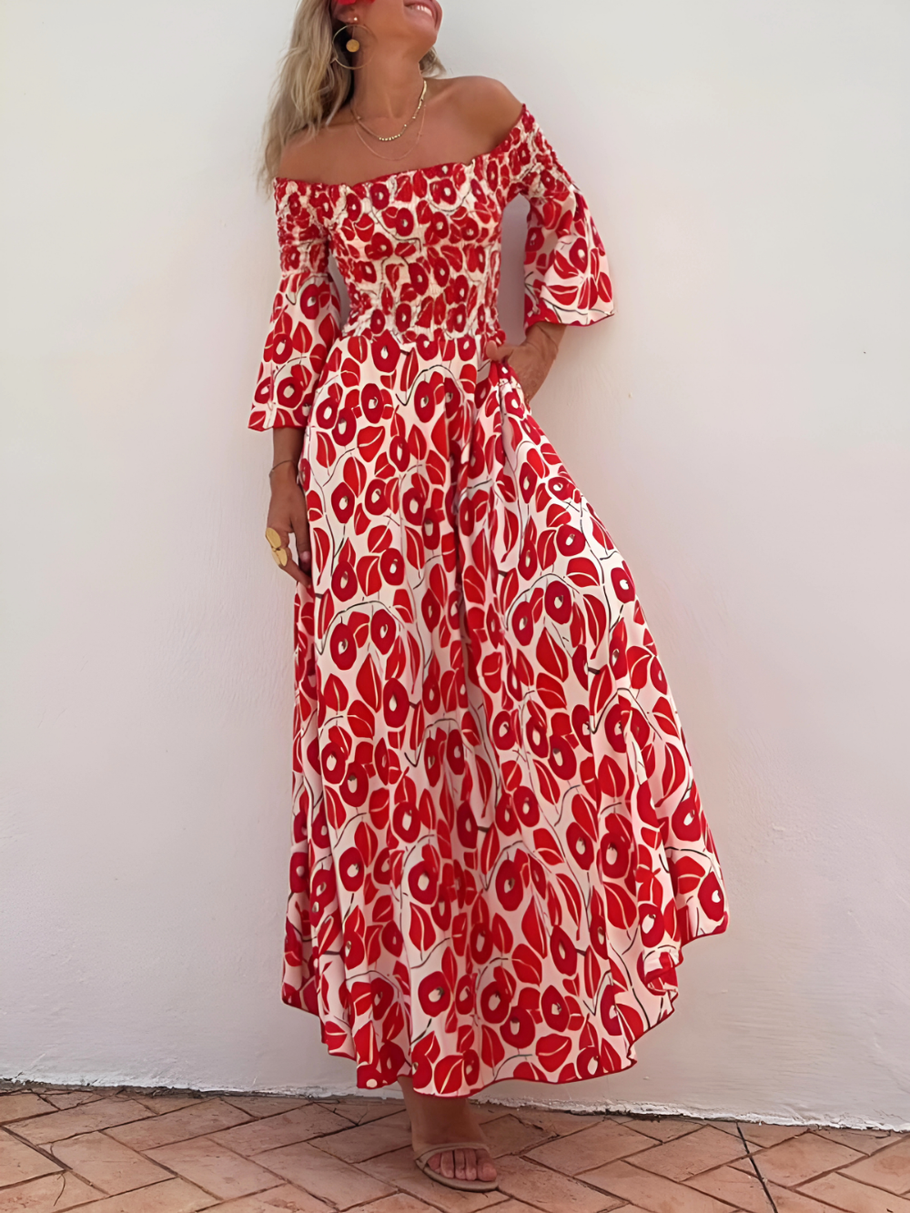 Alina | Maxi Jurk met Ontblote Schouders en Boho Charme