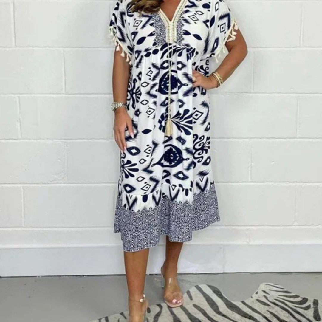 Nadia | Zomerjurk met V-hals en franjes op korte mouwen