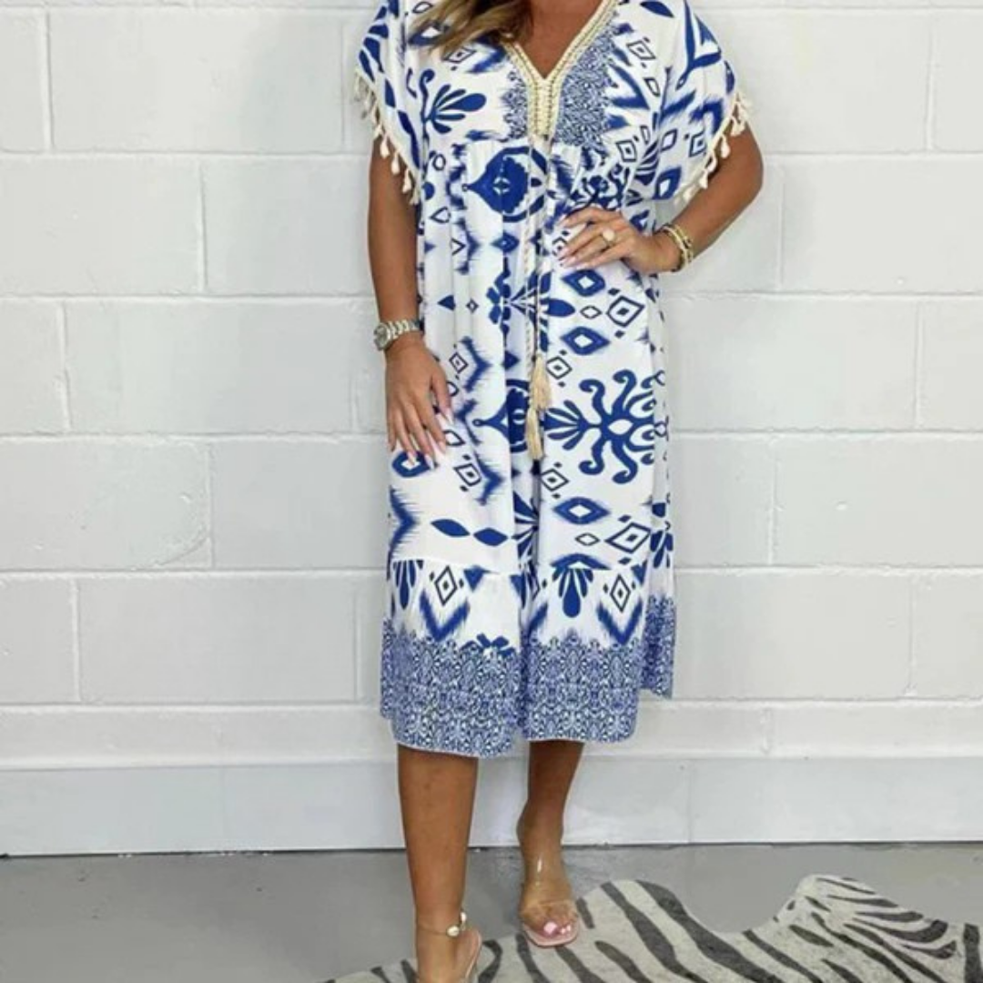 Nadia | Zomerjurk met V-hals en franjes op korte mouwen