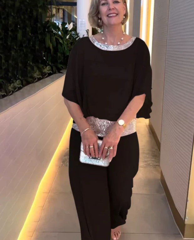 Marcelina | Elegante tweedelige set met pailletten en kleurrijk blokpatroon