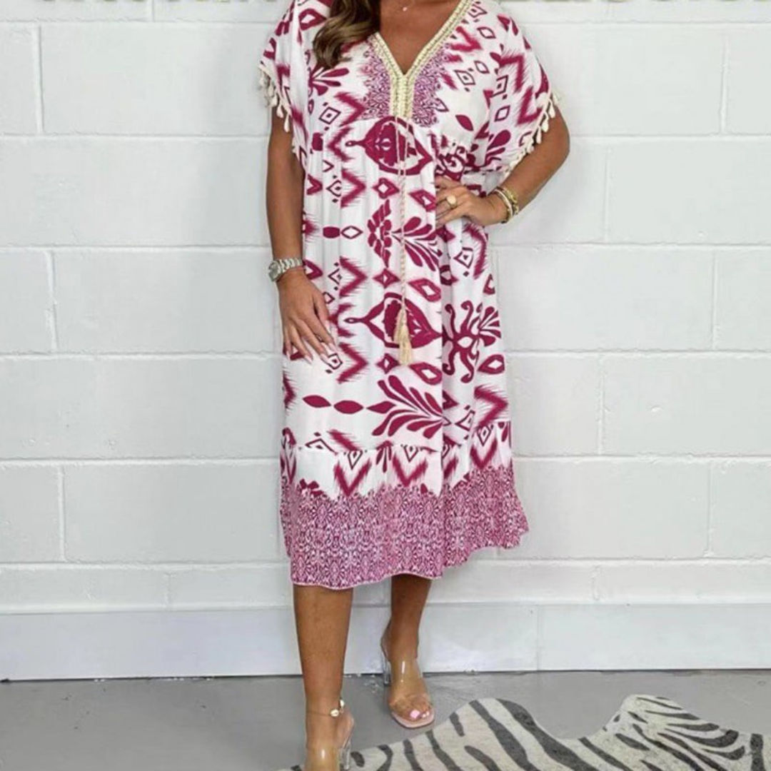 Nadia | Zomerjurk met V-hals en franjes op korte mouwen