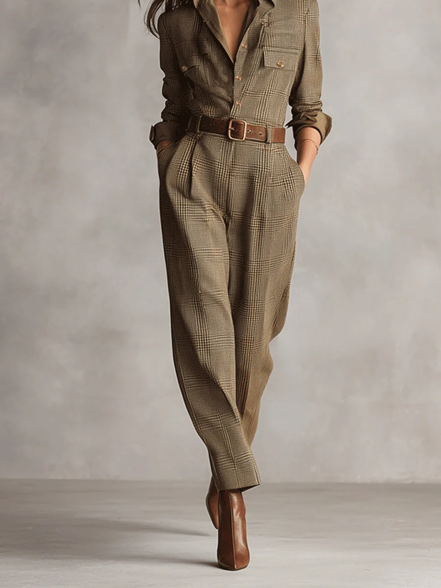 Bruine Elegante Tweed Jumpsuit met Ruitpatroon
