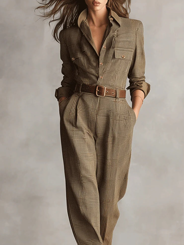 Bruine Elegante Tweed Jumpsuit met Ruitpatroon