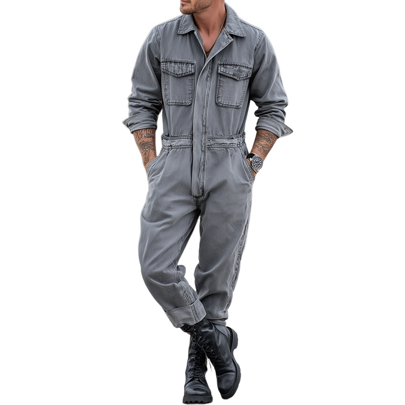 Heren Retro Casual Denim Was Koled D lange Mouw Overhemd Jumpsuit MTA0436H3TO