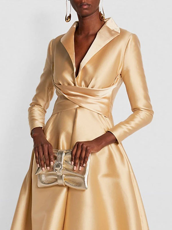 A-Lijn Hoge Taille Plissé Effen Kleur V-Hals Maxi Jurken