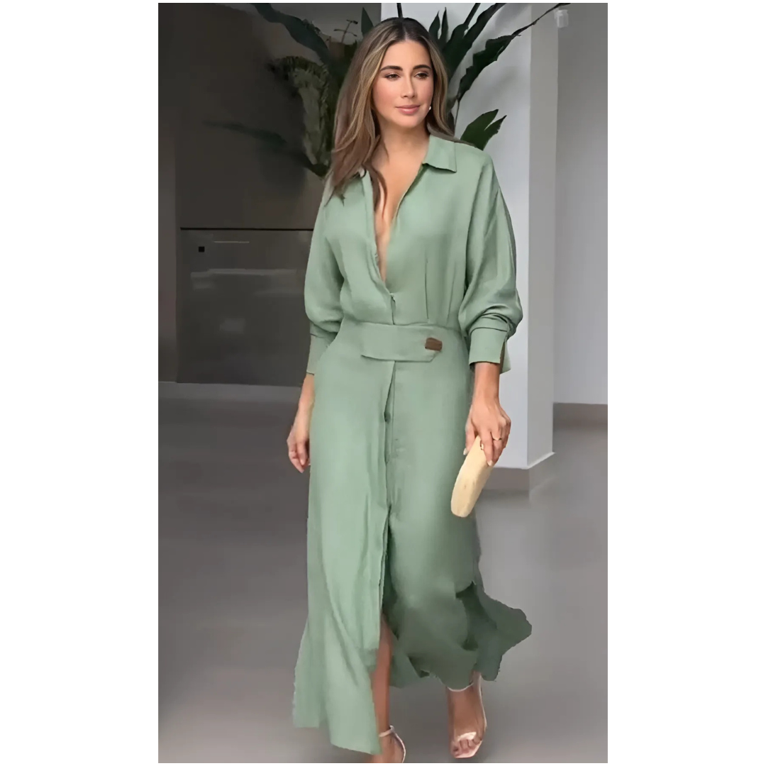 Barbara | Maxi-jurk van katoen en linnen met knopen en een riem in de taille