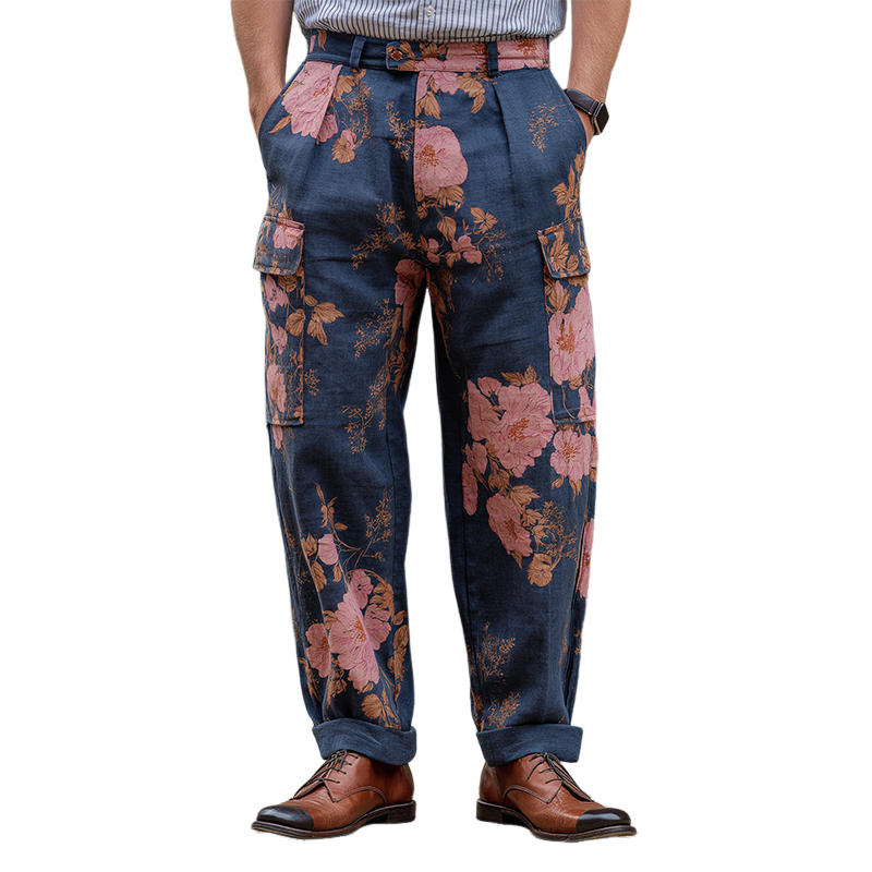 Heren Vintage Casual Broek met Grote Bloemenprint en Zakken MTA3162G7TO