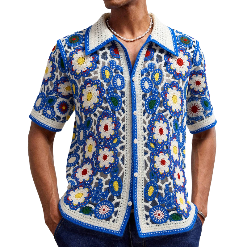 Heren gebreide bloemen jacquard shirt met korte mouwen MTA0556F8X