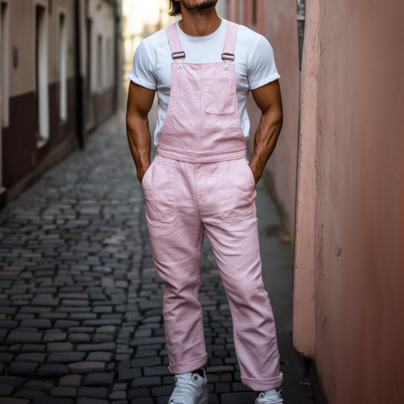 Heren Casual Ademend Linnen Effen Kleur Overalls met Veel Zakjes MTA2716E8M