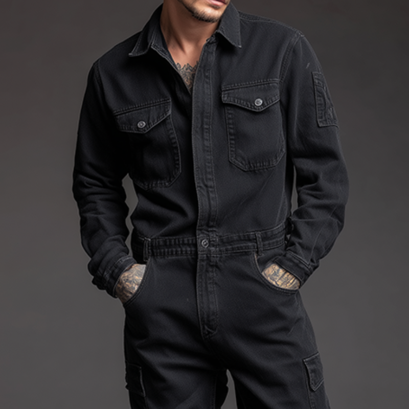 Heren retro casual katoenen gewassen jumpsuit met kraag en lange mouwen MTA0472H9TO