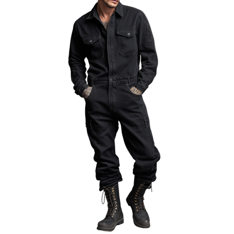 Heren retro casual katoenen gewassen jumpsuit met kraag en lange mouwen MTA0472H9TO