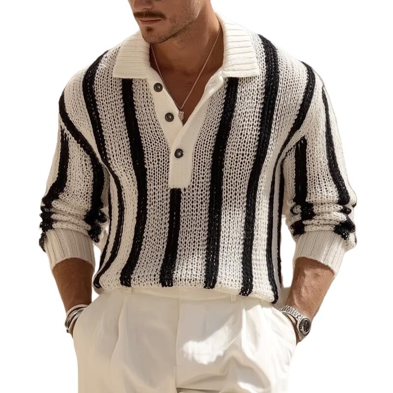 Heren vintage trui met contrasterende strepen, ademend, met polo, losvallend, MTA2831H1M