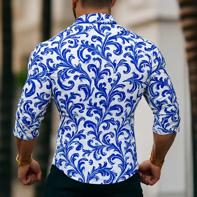 Heren Retro Casual Overhemd met Blauw-Witte Porseleinen Patronen en Lange Mouwen MTA3023G4TO