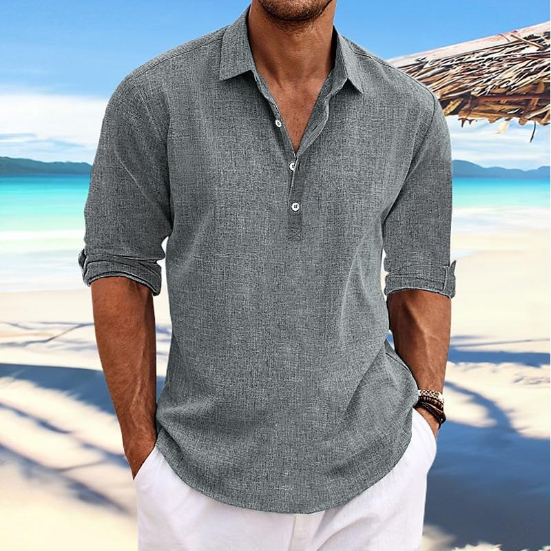 Heren Casual Pullover Shirt met Kraag, Linnen en Katoenen Mouwen, Lange Mouwen 41061054Y