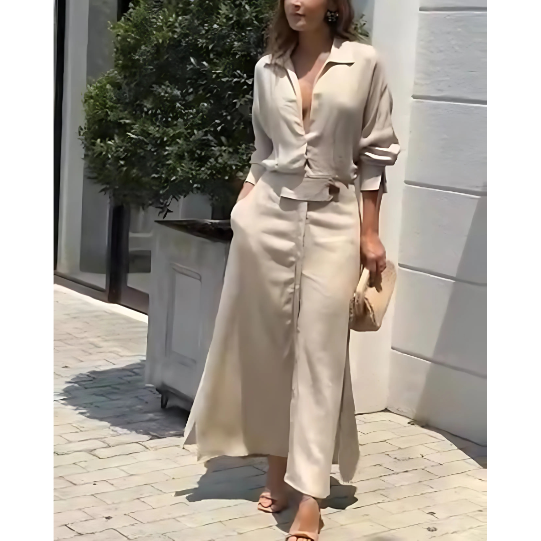 Barbara | Maxijurk van katoen en linnen met knopen en een tailleband