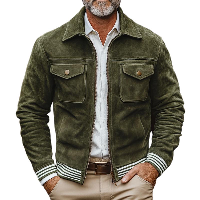 Heren casual jack met rits, van suede, met borstzak en gestreepte riem 09306742Z