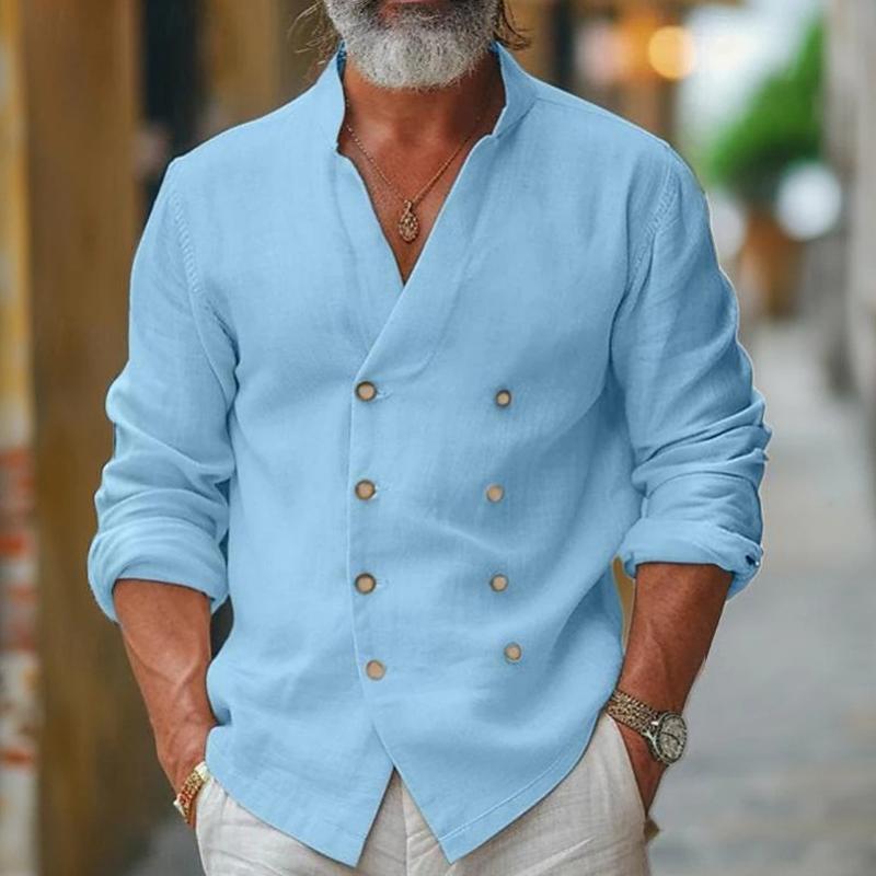 Heren overhemd van katoen en linnen met een staande kraag, dubbel knoopsluiting, met lange mouwen 17140848Z