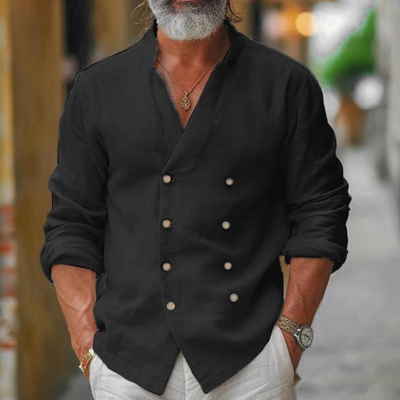 Heren overhemd van katoen en linnen met een staande kraag, dubbel knoopsluiting, met lange mouwen 17140848Z