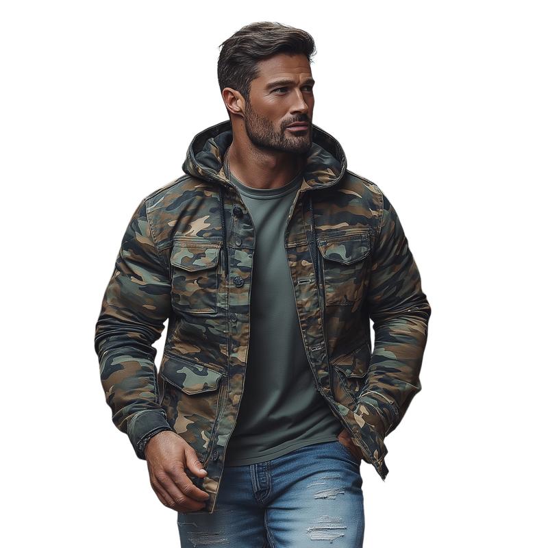 Heren Casual Camouflage Jacket met Capuchon en Veel Zakjes, Effen 42185129M