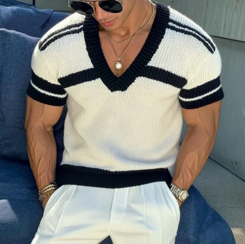 【24-uurs verzending】Heren casual trui met V-hals in streepdessin, slim fit, korte mouwen, T-shirt breiwerk 13072472M