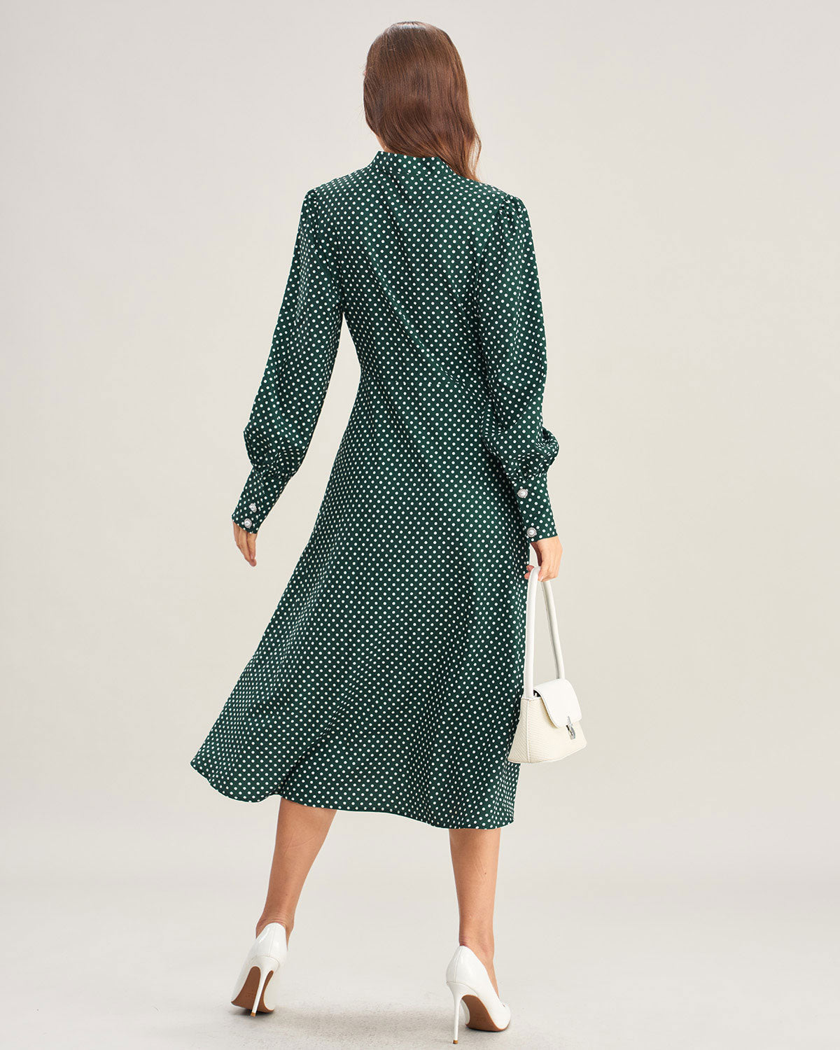 Groene Polka Dot Strik Hals Midi Jurk