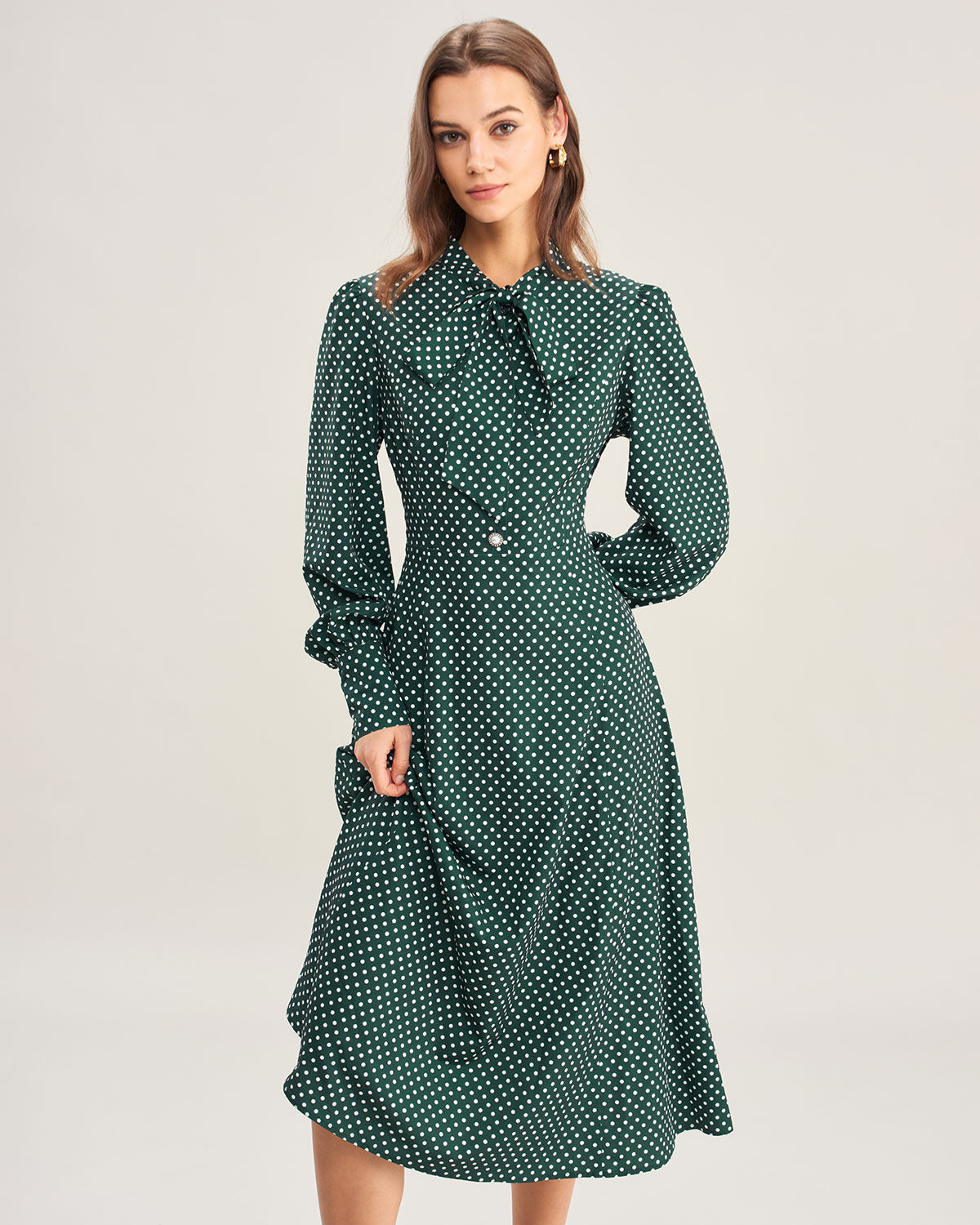 Groene Polka Dot Strik Hals Midi Jurk