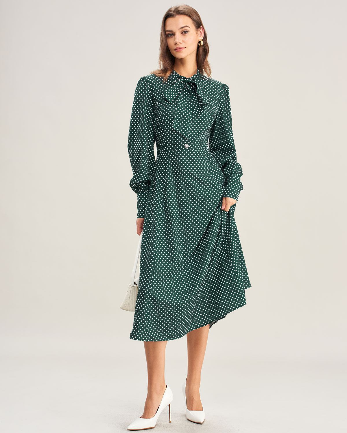Groene Polka Dot Strik Hals Midi Jurk