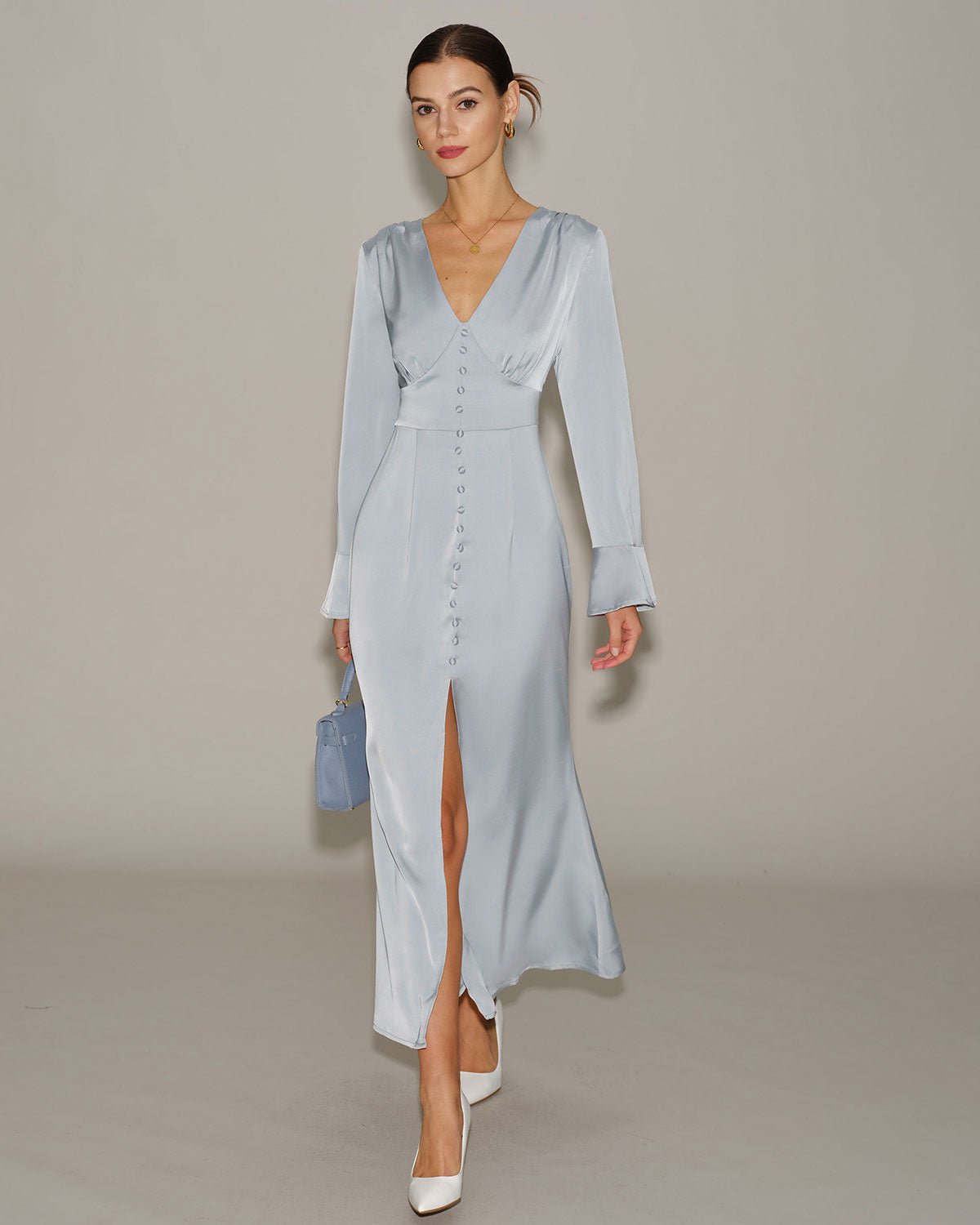 Grijze Satijnen Maxi Jurk met Belmouwen